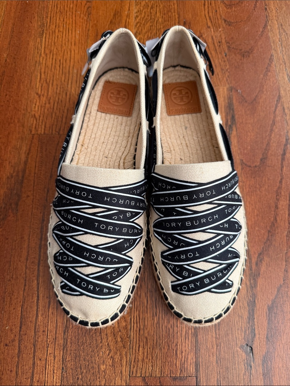 Tory Burch Cream Espadrille Flats with Black Logo Ribbon